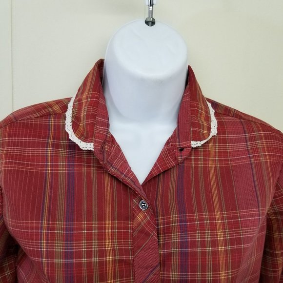 Daisy Red Plaid Gingham Western Top Blouse Rockabilly M 8 Lace Trim Cosplay - Picture 7 of 7